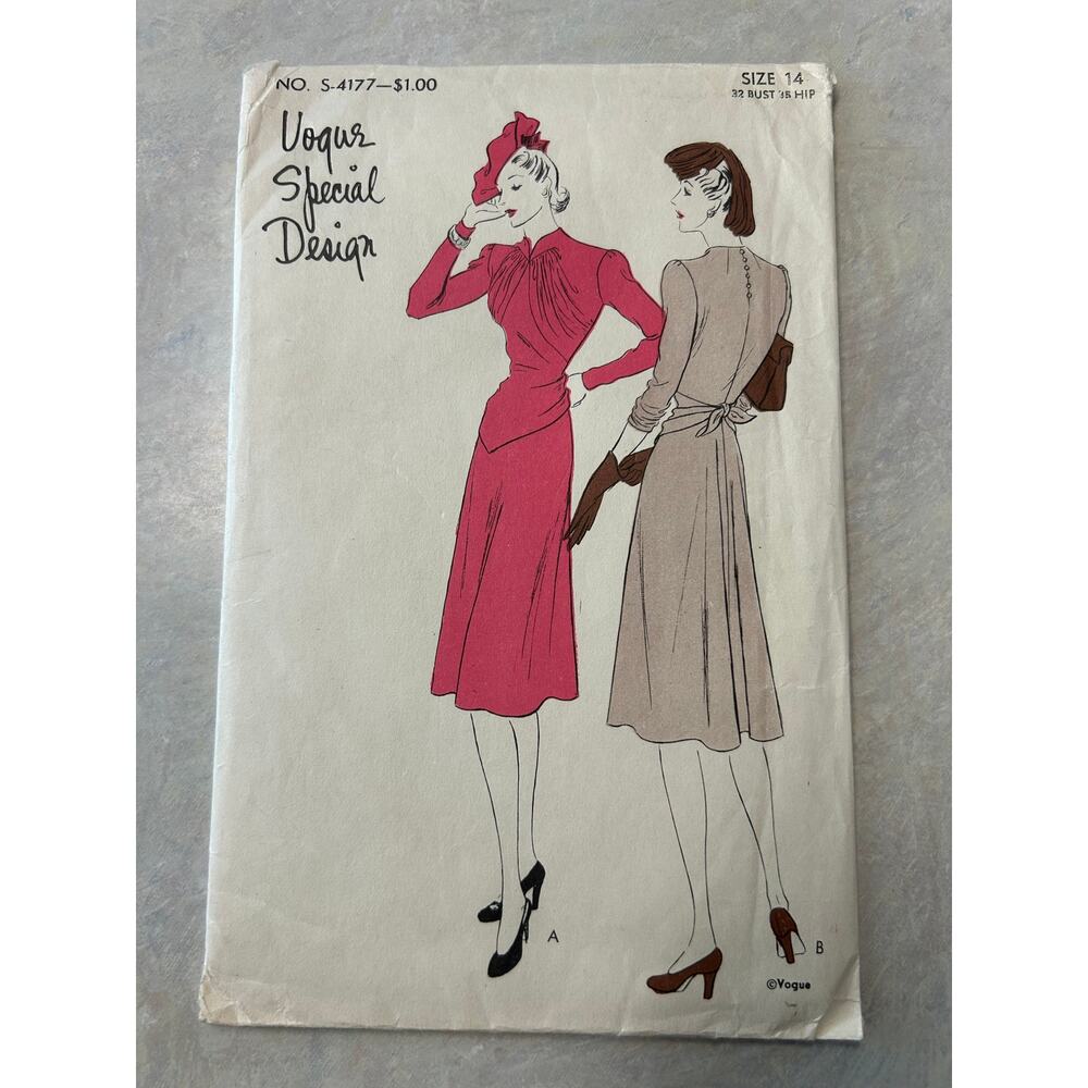 Vintage 30's-40's Vogue Special Designs Pattern #S-4177 One Piece Dress 14 HTF